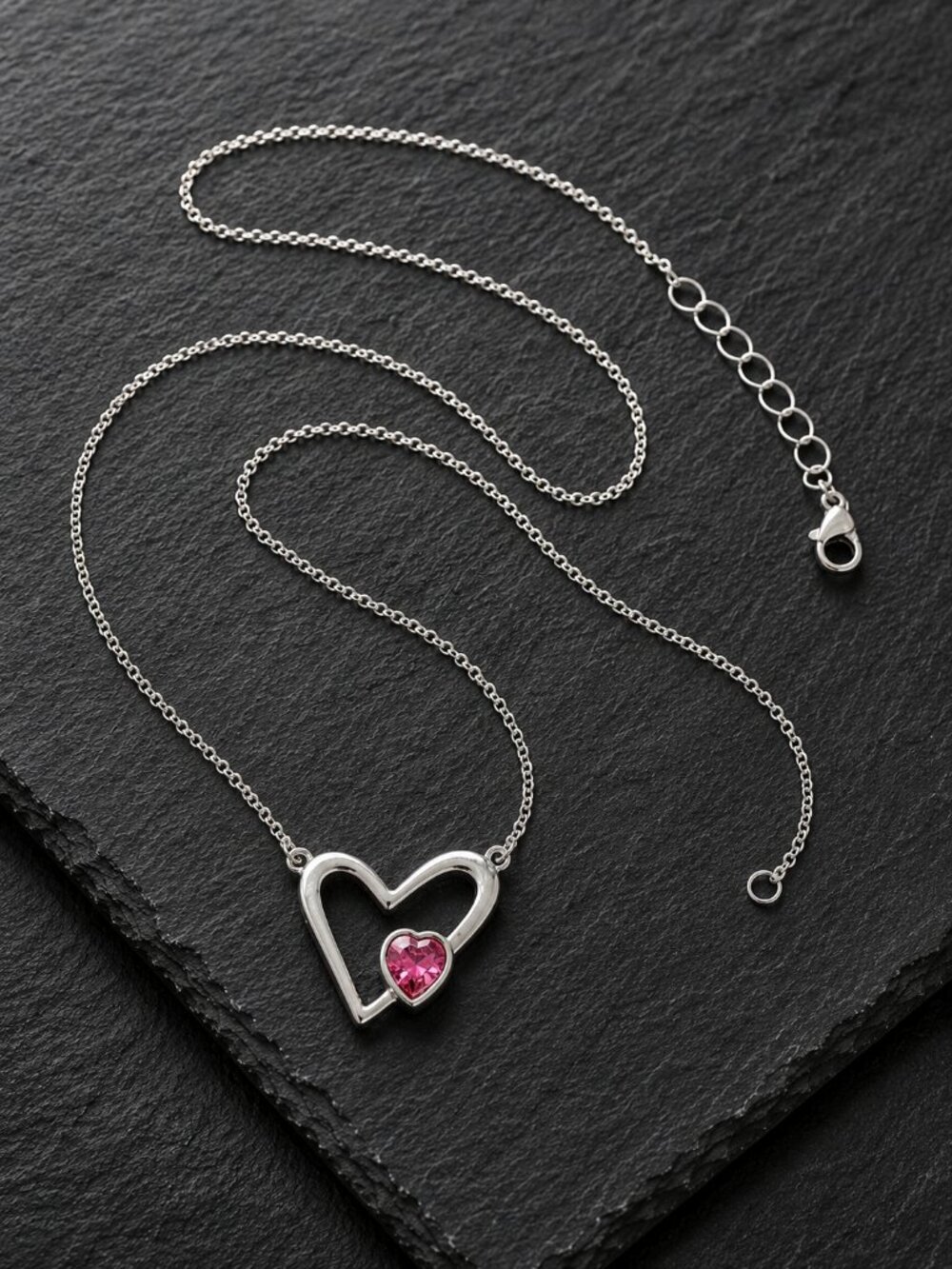 Silver Heart Necklace Pink Crystal Pendant - Picture 6 of 6